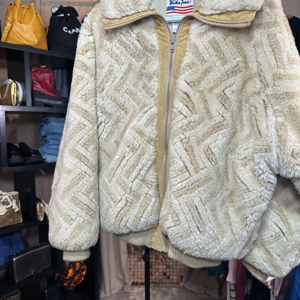 Vintage Weather Tamer Size 14 Neutral Tan Cream Faux Shearling Jacket - Picture 4 of 6